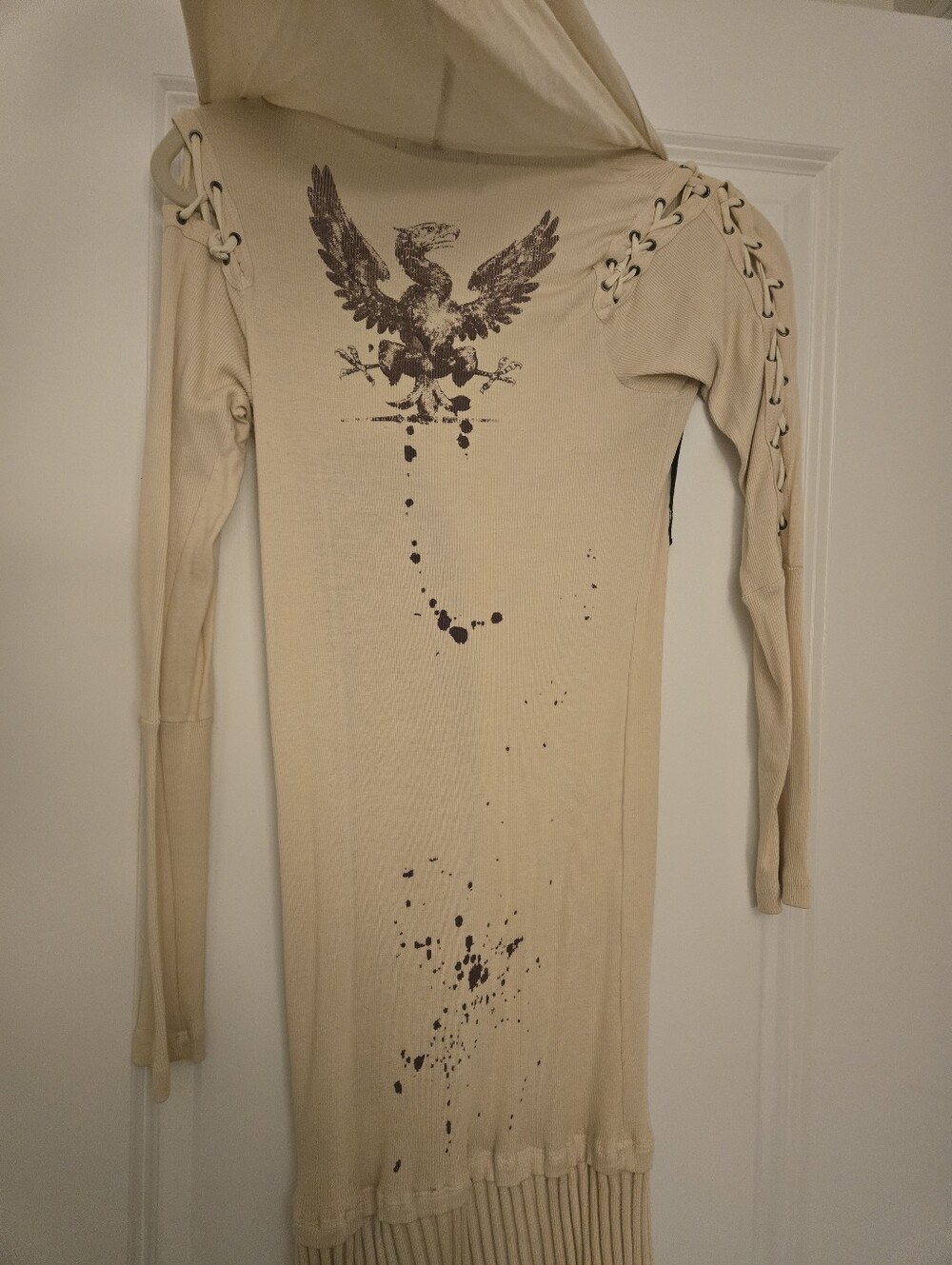 Salvage Beige Long-Sleeve V-Neck Graphic Knit Dress with Lace-Up Shoulders - Picture 6 of 6